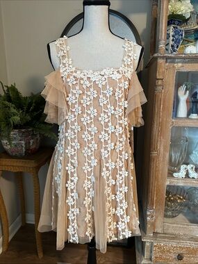 Beige Tulle Mini Dress with White Floral Lace Overlay